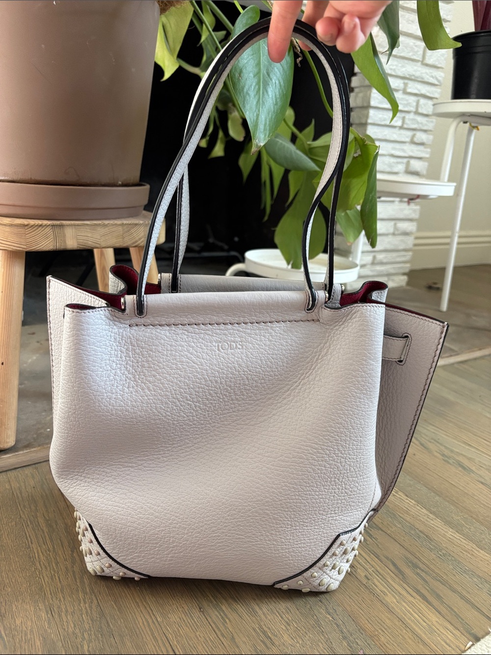 Tod's Light Gray Pebbled Leather Shoulder Tote with Burgundy Trim